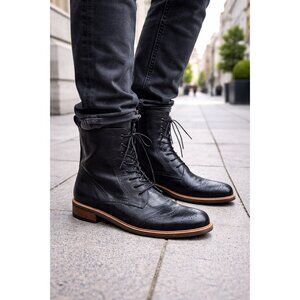 DuoBoots UK Men’s EU 43 Black Leather Brogue Lace Up Ankle Boots